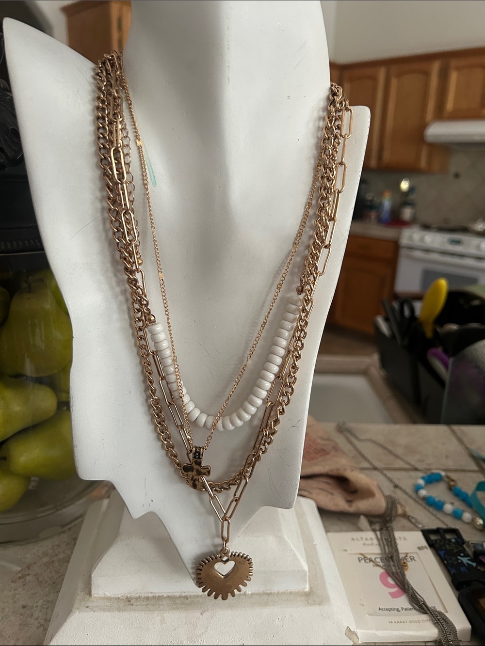torrid Gold-Tone Layered Necklace with White Beads and Heart Sunburst Pendant